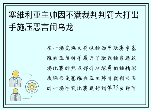 塞维利亚主帅因不满裁判判罚大打出手施压恶言闹乌龙
