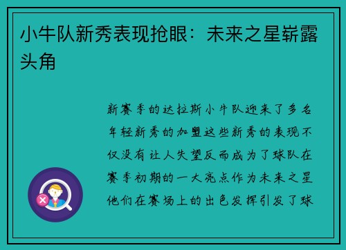 小牛队新秀表现抢眼：未来之星崭露头角